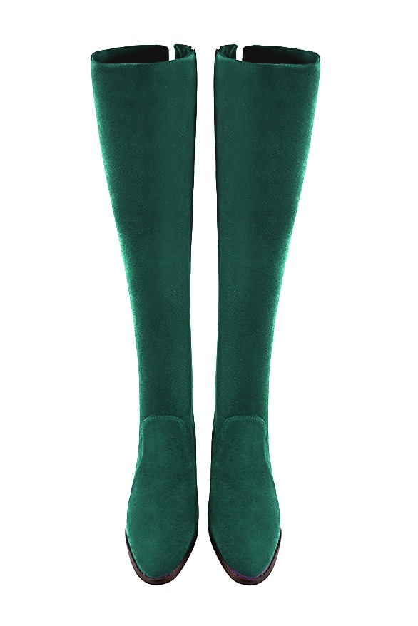 Emerald green women's leather thigh-high boots. Round toe. Flat leather soles. Made to measure. Top view - Florence KOOIJMAN